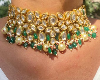 Emerald Green Polki Necklace | Kundan Jewelry | Sabyasachi Inspired Bridal Choker | Indian Wedding Statement Necklace Set