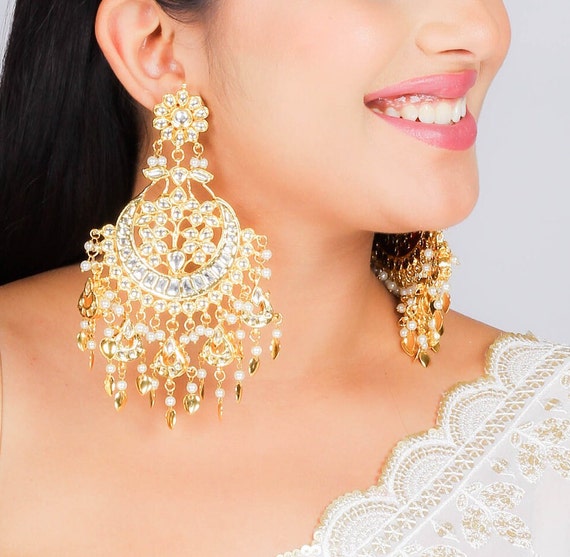 White Pipal Patti Jhumka Bali with Tikka by FashionCrab® - FashionCrab.us