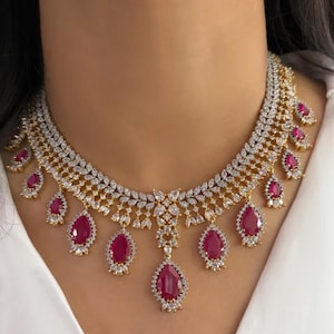 Ruby Necklace PREMIUM Pink Diamond Jewelry India CZ Gold Plated American Diamond Ruby Statement DESIGNER Sabyasachi Inspired Pink Ruby Set