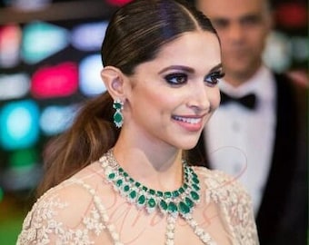 Deepika Padukone Emerald Necklace Set Sabyasachi Inspired Jewelry American Diamond Necklace Set Green CZ Necklace Emerald Necklace India