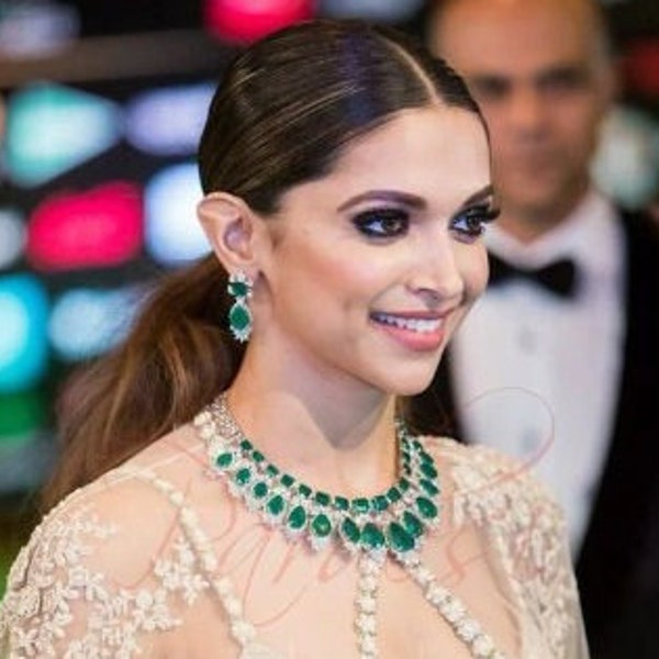 Deepika Padukone Emerald Necklace Set Sabyasachi Inspired Jewelry American Diamond Necklace Set Green CZ Necklace Emerald Necklace India