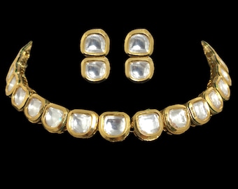 Kundan Polki Choker | Antique Gold Dainty Bridal Necklace | Uncut Diamond Wedding Jewelry Set