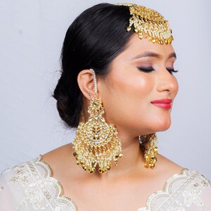 Tikka Earrings Set | Punjabi Bridal Jewelry | Oversized Kundan Polki Set | Indian Wedding Forehead Tikka image 5