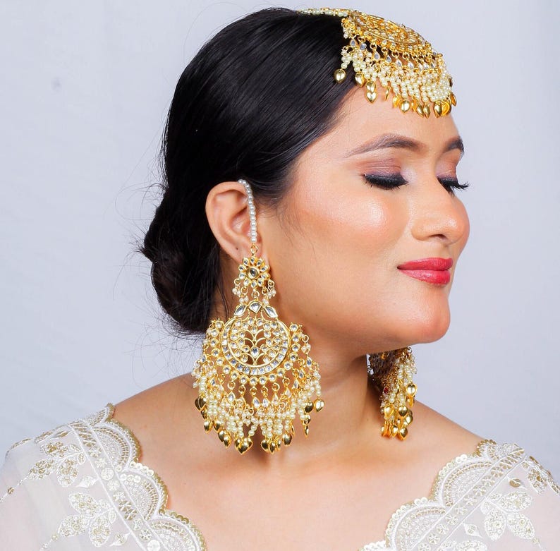 Tikka Earrings Set | Punjabi Bridal Jewelry | Oversized Kundan Polki Set | Indian Wedding Forehead Tikka image 5