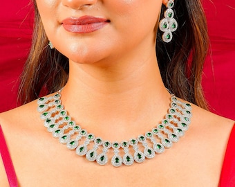 Collier émeraude vert diamant américain Inde ras de cou collier vert émeraude nuptiale ensemble de bijoux pakistanais CZ ensembles