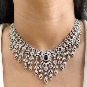 Sapphire Diamond Necklace PREMIUM Blue American Diamond Jewelry Set DESIGNER Blue Sapphire Wedding Set Blue CZ Necklace Sabyasachi Inspired