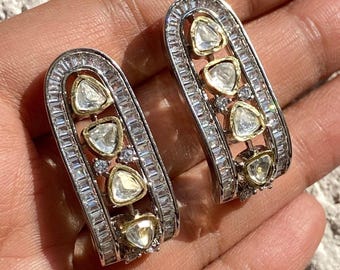 Pendientes Polki estilo victoriano Kundan, medio aro indio, joyería Sabyasachi, pendientes de moissanita, pendientes de diamantes Polki sin tallar, pendientes llamativos