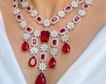 Ruby Red Necklace Set | American Diamond CZ | Bridal Jewelry | Sabyasachi Inspired | Wedding Gift