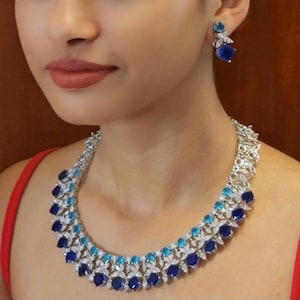 Sapphire Necklace PREMIUM Blue American Diamond Statement India Jewelry CZ Blue Sapphire Diamond Necklace Amrapali Inspired Bride WEDDING