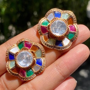Navratan Earrings Moissanite Polki Studs Sabyasachi Jewelry Indian Studs Jadau Kundan Jewelry PREMIUM Multi Color Studs Pakistani Jewelry
