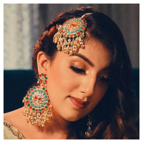 Tikka Earring Set Punjabi Jewelry Kundan Maang Tikka and Earrings