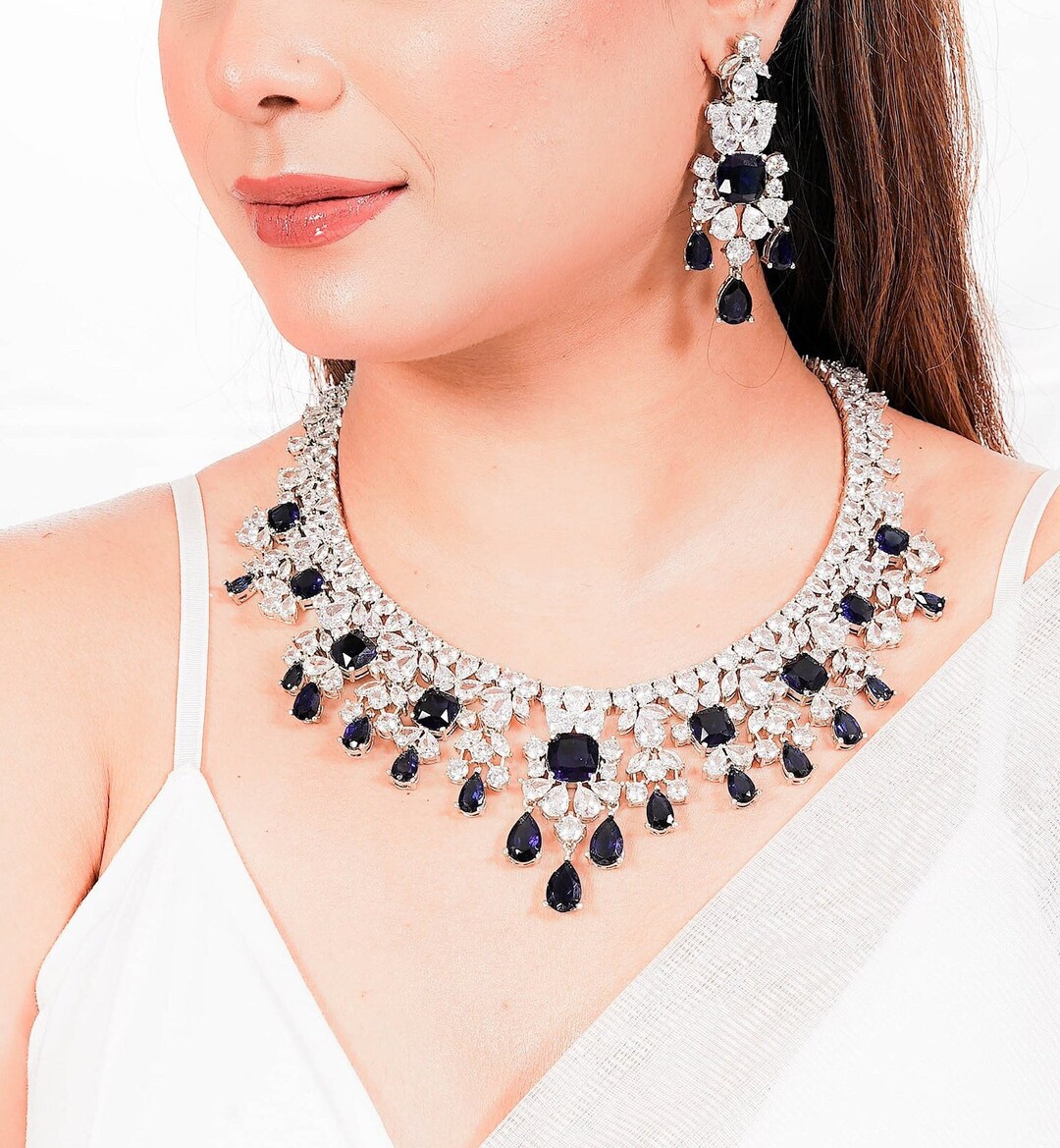 Sapphire Diamond Necklace Blue Bridal Necklace Sapphire Wedding