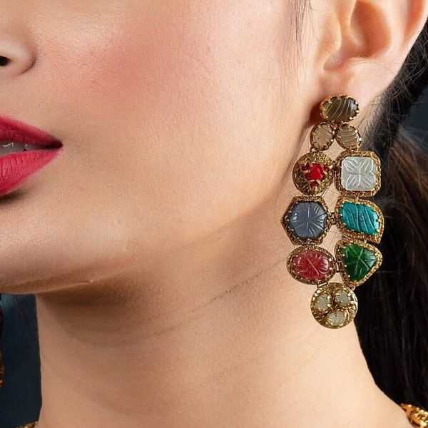 Navratan Earrings Amrapali Jewelry India Earrings Carved Stone Jewelry Navratan Jewelry Pakistani Earrings Jadau Jewelry India Gold Earrings
