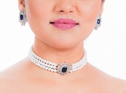 【MEJURI】日本未入荷☆大人気 Sapphire Choker Sapphire Choker Blue Diamond Pearl Necklace PREMIUM India