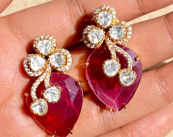Red Kundan Polki Statement Earrings | Sabyasachi Inspired Jewelry | Moissanite Diamond Look | Bridal Earrings