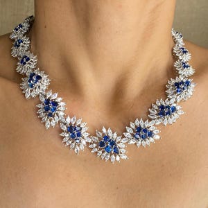 Sapphire Diamond Necklace PREMIUM Blue Statement Cubic Zirconia ROYAL Blue Sapphire Necklace Bride Sabyasachi Inspired American Sapphire Set