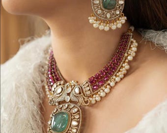 Kundan Polki Necklace Green Ruby Choker Sabyasachi Inspired Jewelry Moissanite Polki Diamond Indian Bridal Jewelry