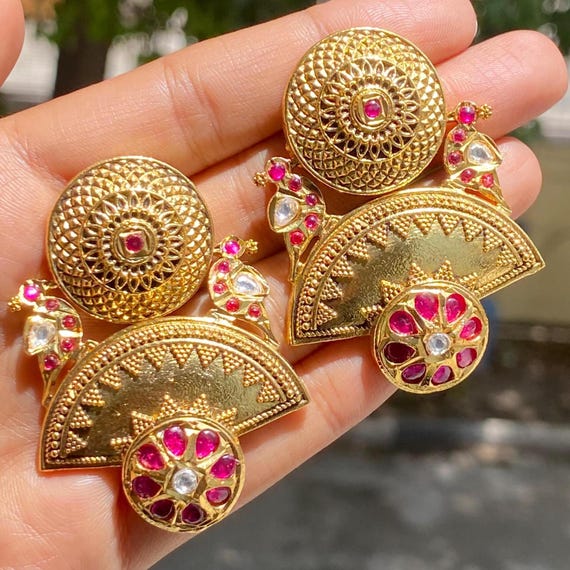 Indian Earrings Red Kundan Chandbali Antique Gold Jewelry Amrapali