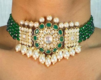 Polki Necklace Emerald Green Kundan Choker | Victorian Jadau Jewelry | Moissanite Diamond Necklace | Indian Bridal Statement Necklace