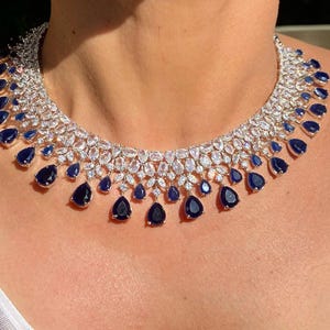 Sapphire Necklace PREMIUM Blue American Diamond Wedding Necklace Diamond Blue Sapphire Jewelry Set India Cubic Zirconia CZ WEDDING Gift