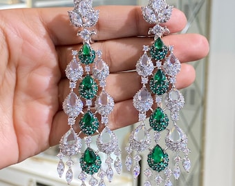 Emerald Green Chandelier Earrings CZ Long Diamond Dangle Earrings Luxury Wedding Statement Jewelry
