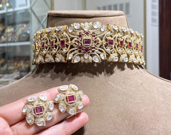 Ruby Kundan Polki Choker Necklace | Moissanite Diamond Jewelry | Indian Wedding Statement Necklace | Gold Plated Jewelry