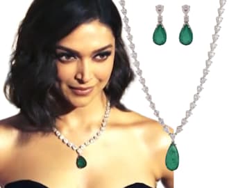 Deepika Padukone Jewelry Emerald Necklace Pendant Long Green Cz Diamond Bollywood Statement Emerald Doublet Indian Jewelry For Women