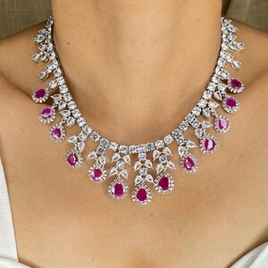 Conjunto de collar de rubíes / Joyería de zafiro rosa y circonitas cúbicas / Collar nupcial llamativo / Regalo de joyería para bodas indias imagen 10