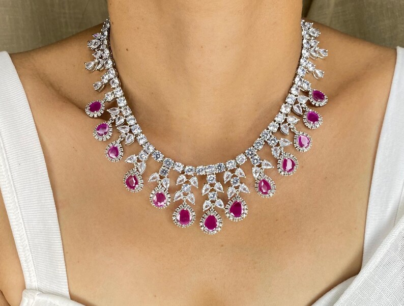 Conjunto de collar de rubíes / Joyería de zafiro rosa y circonitas cúbicas / Collar nupcial llamativo / Regalo de joyería para bodas indias imagen 10
