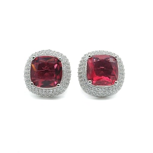 Garnet Studs Red Halo Cz Diamond Earrings Statement Modern Jewelry Gift Designer Ruby Red Big Stud Earrings Crystal Wedding Studs For Women