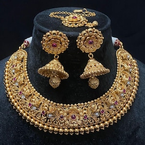 India Necklace Ruby Antique Choker South Indian Jewelry Ruby Indian Bridal Jewelry Traditional Necklace for Women UNIQUE Indian Choker Women