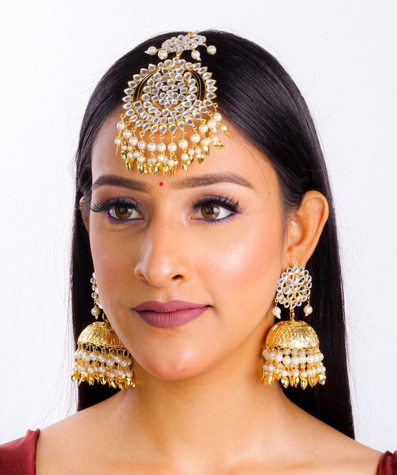 Gold Polished Punjabi Earrings Tikka set with white moti / patta J0482 -  muteyaar.com