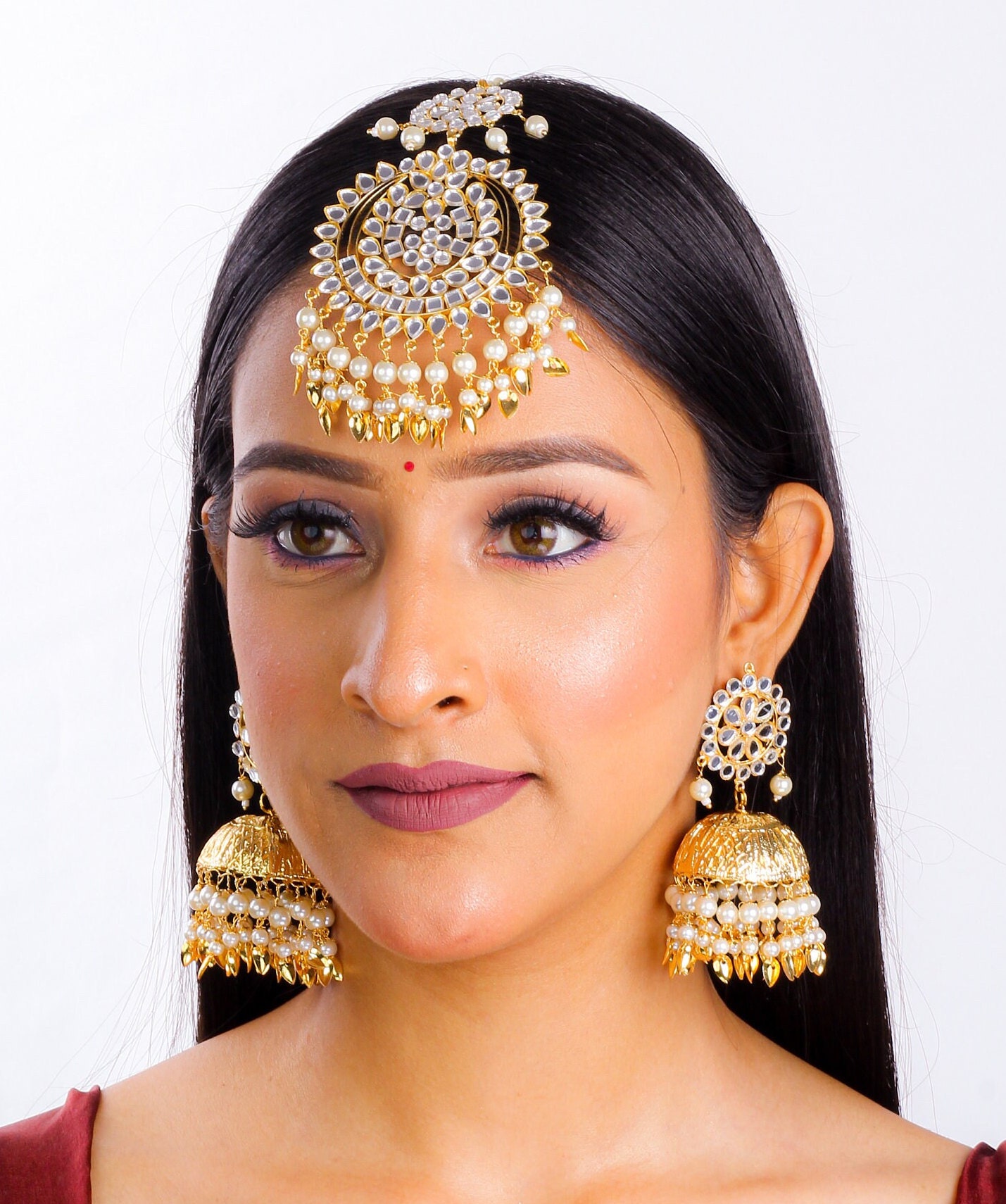 Maroon Pearl Punjabi Earrings with Tikka for Wedding | FashionCrab.com