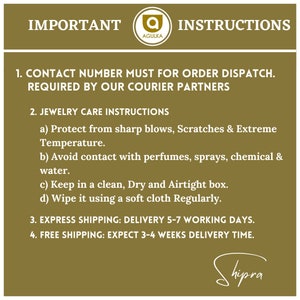 May include: Important instructions for ordering jewelry. Contact number is required for order dispatch. Jewelry care instructions include protecting from sharp blows, scratches, and extreme temperatures. Avoid contact with perfumes, sprays, chemicals, and water. Keep jewelry in a clean, dry, and airtight box. Wipe jewelry regularly. Express shipping takes 5-7 working days. Free shipping takes 3-4 weeks.