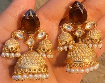 Kundan Polki Jhumka Earrings | 22K Gold Plated Indian Jewelry | Sabyasachi Inspired | Moissanite Bridal Earrings
