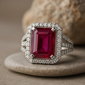 Peut inclure: Une bague en argent ornée d'une grande pierre rouge foncé rectangulaire, entourée de petits diamants transparents. La bague a un design à tige fendue, avec des pierres précieuses supplémentaires serties sur le bracelet.
