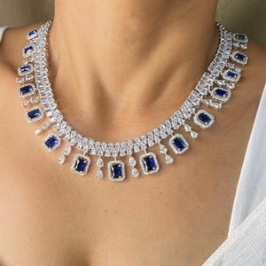 Sapphire Diamond Necklace PREMIUM Sabyasachi Blue American Diamond Necklace India Jewelry Sapphire Bridal DESIGNER Necklace Zirconia CZ Sets