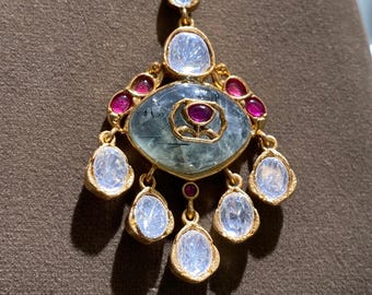 Maang Tikka de rubí Kundan / Joyería nupcial Polki para la frente / Tikka chapado en oro Jadau / Tocado nupcial indio