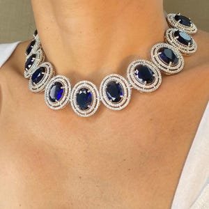 Sapphire Necklace PREMIUM American Diamond Choker Statement Amrapali Inspired Blue Sapphire Jewelry Set Blue Cubic Zirconia India DESIGNER