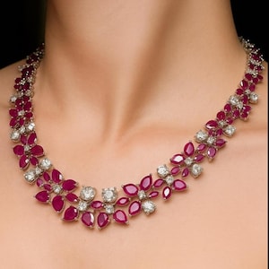 Ruby Necklace PREMIUM Pink Sapphire Diamond India Jewelry Set Statement Pink Ruby Diamond Necklace Set Cubic Zirconia Ruby Stone Necklace CZ