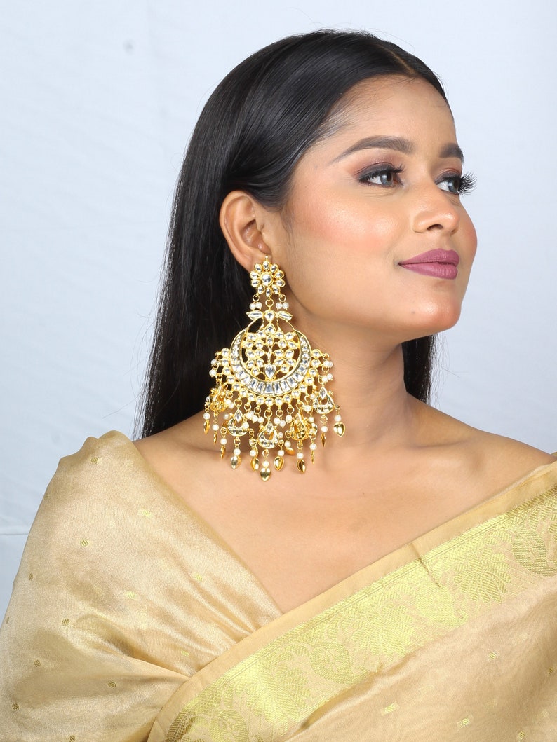 Pearl Earrings Kundan Chandbali earrings indian gold plated indian earrings jadau kundan jewelry moissanite polki diamond earrings 22k gold plated pipal patti kundan earrings jadau kundan jewelry chandbali earrings indian jewelry sabyasachi jewelry