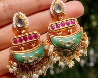 Kundan Earrings Mint Ruby Polki | Sabyasachi Inspired Jewelry | Pearl Statement Earrings | Indian Bridal Jadau Earrings