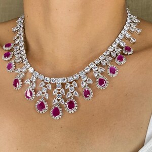 Conjunto de collar de rubíes / Joyería de zafiro rosa y circonitas cúbicas / Collar nupcial llamativo / Regalo de joyería para bodas indias imagen 5