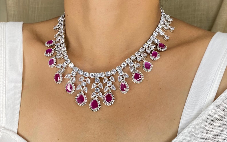 Conjunto de collar de rubíes / Joyería de zafiro rosa y circonitas cúbicas / Collar nupcial llamativo / Regalo de joyería para bodas indias imagen 5