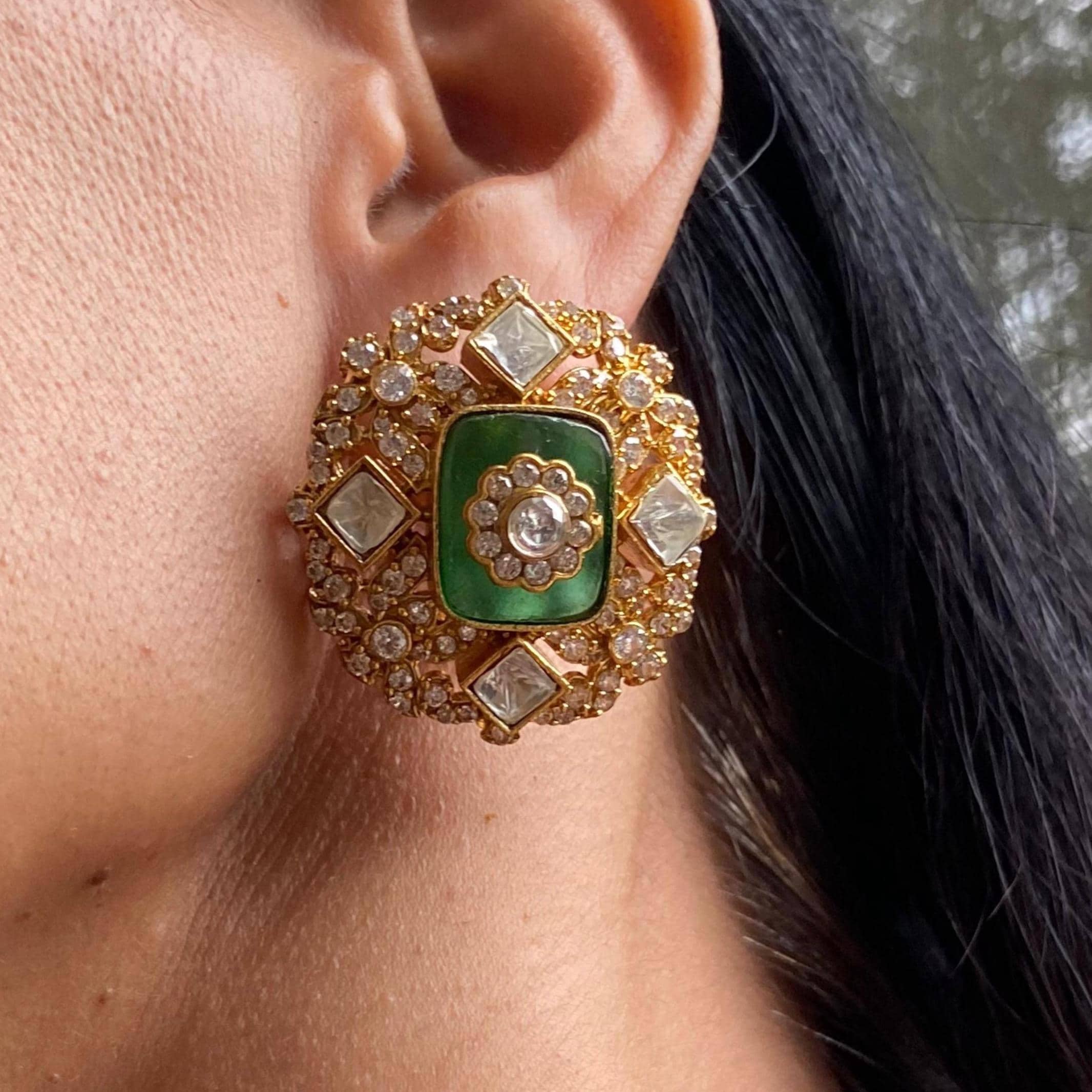 Emerald Polki Stud Earrings Green Kundan Gold Plated Jewelry Moissanite Diamond Studs Elegant Indian Bridal Statement Earrings