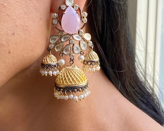 Pink Polki Jhumka Earrings | Kundan Jewelry | Victorian Style Earrings | Antique Gold Indian Bridal Earrings