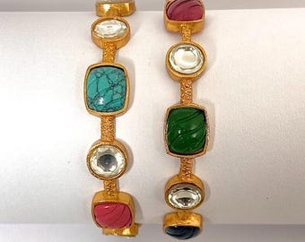 Navratan Bangle PREMIUM Kundan Bangle Uncut Polki Jewelry 22k Gold Plated Kada Moissanite Polki Jewelry Semi Precious Multi Color Stone Kada