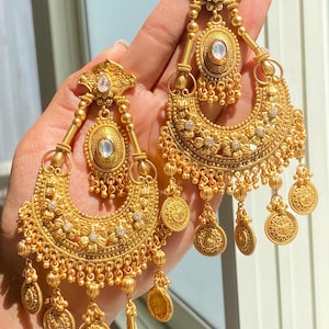 Indian Gold Earrings Antique Chandbali South Indian Jewelry Temple Earrings Oversized Big Chandbali Kemp Jewelry Alia Bhatt Inspired Earring