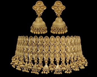 Gargantilha estilo templo do sul da Índia | Colar em ouro antigo | Joias tradicionais indianas para noivas | Conjunto de colar banhado a ouro 22K