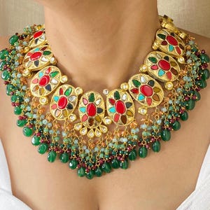 Navratan Necklace Bridal Indian Necklace Sabyasachi Jewelry Heavy Indian Multi Color Necklace Red Green Kundan Polki Choker Necklace Set